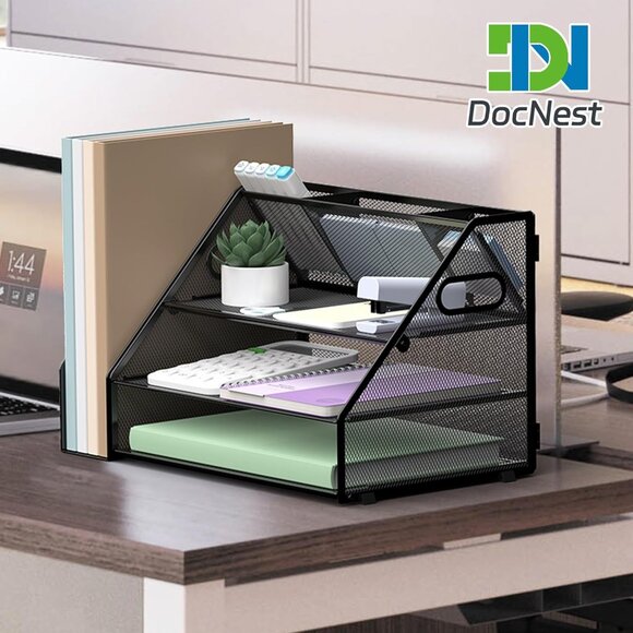 Stylish Black Metal Mesh 3-Tier Paper Organizer - Perfect for Office & Home - Picture 7 of 7